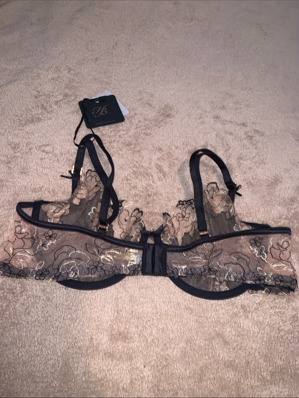 Honey Birdette Black Bra with Gold Floral Embroidery Thandie 36D - Picture 2 of 4